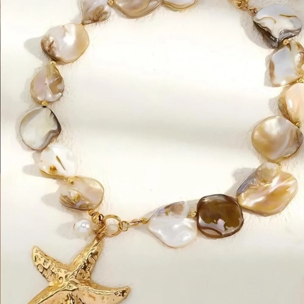Gold Starfish Pendant Pearl Necklace - Iridescent Shell Beads new